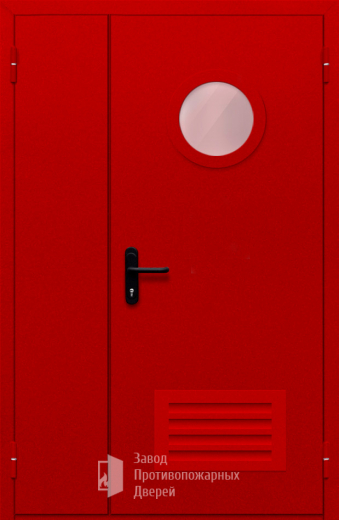 Фото двери «Полуторная с круглым стеклом и решеткой (красная)» в Лыткарино